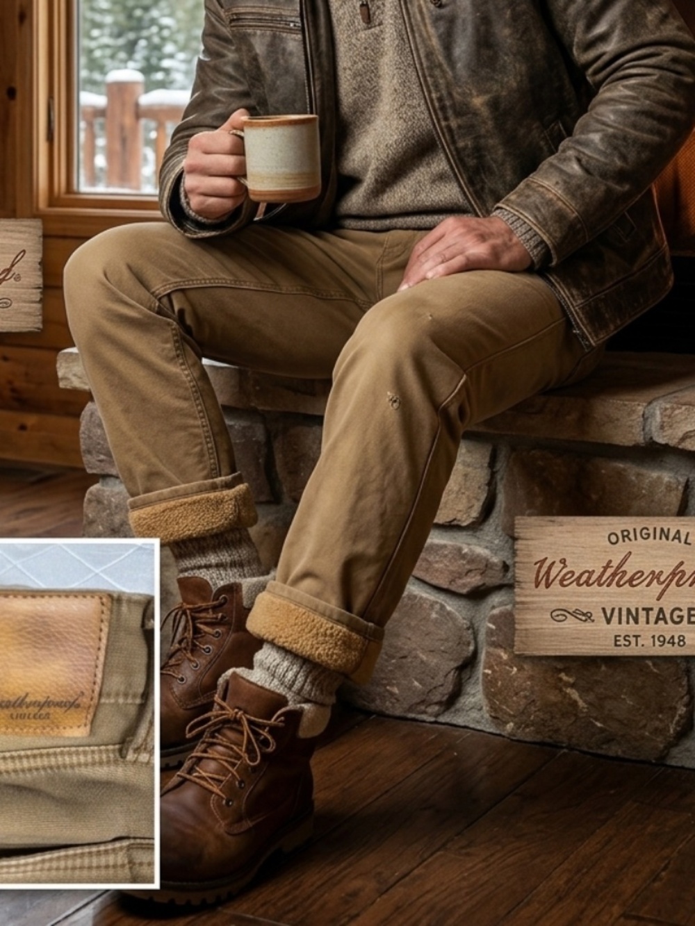 Weatherproof Vintage Men's Fleece Lined Pants 38x32 Tan Canvas Stretch Workwear